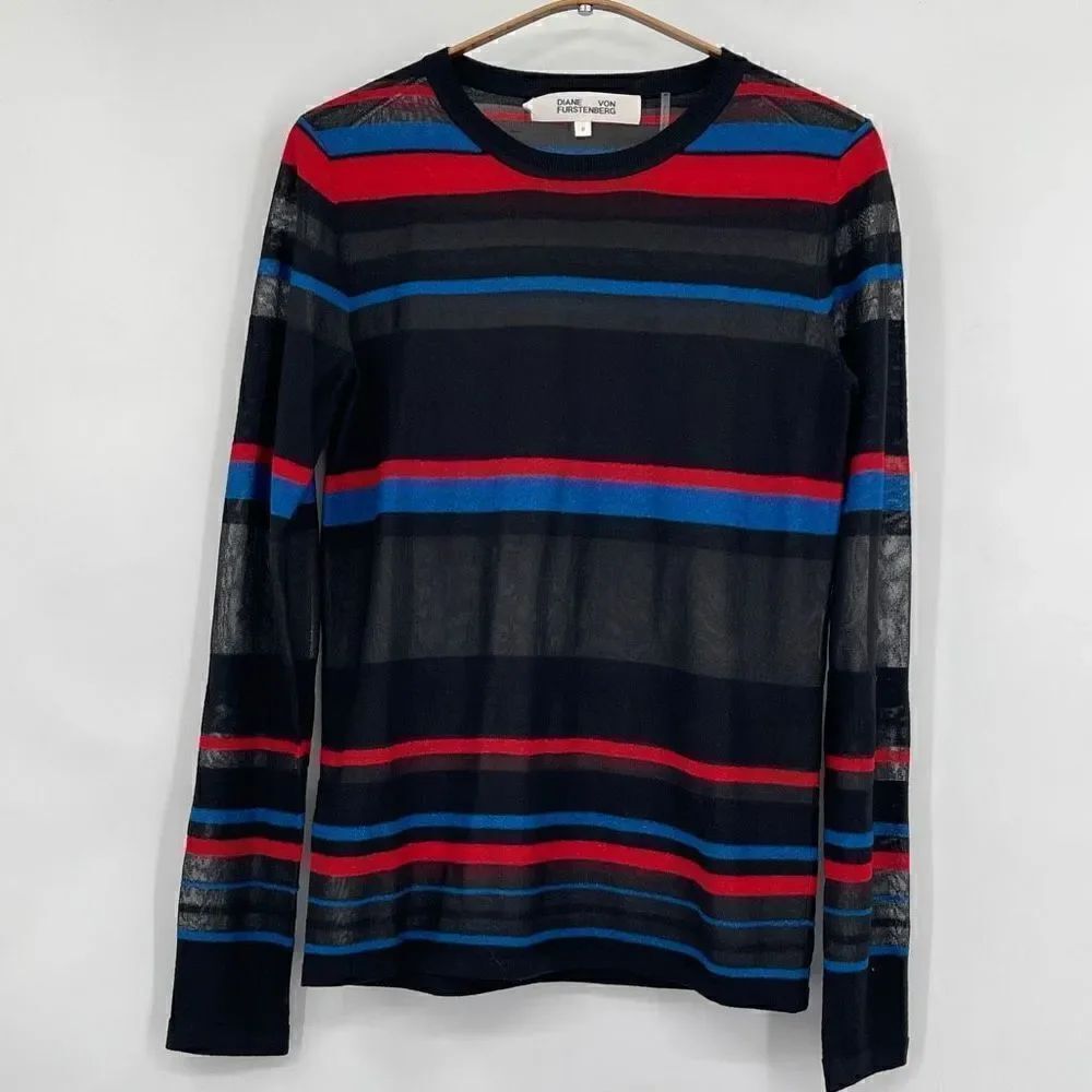 Diane Von Furstenberg Red Black Blue Striped Crew Neck Tunic Sweater Size XS/SM